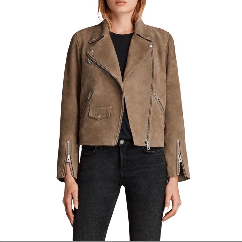 All Saints Chine Biker Jacket Brown Tan Suede Size 4 Small